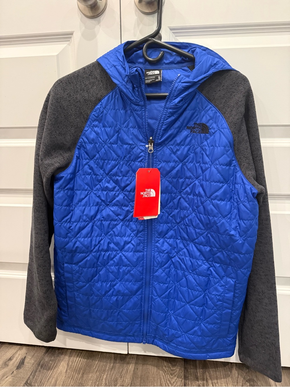 The North Face Kids' Royal Blue Quilted Hooded Jacket with Charcoal Sleeves